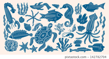 Summer icons. Hand drawn sea tropical beach, doodle ocean water shape for marine italy vintage poster. Underwater shells, wildlife sea plants. Decorative nature stickers. Vector illustration Summer icons. Hand drawn sea tropical beach, doodle ocean water shape for marine italy vintage poster. Underwater shells, wildlife sea plants. Decorative nature stickers. Vector illustration 142782704