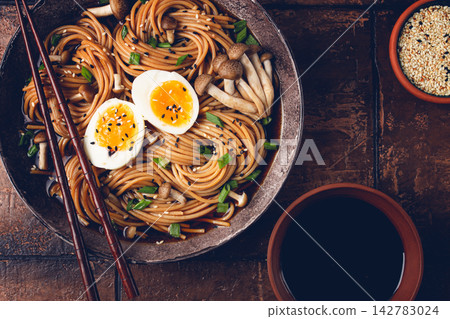 buckwheat noodles, soba, with shimeji mushrooms, boiled egg, green onion, sesame seeds, homemade, no people, buckwheat noodles, soba, with shimeji mushrooms, boiled egg, green onion, sesame seeds, homemade, no people, 142783024