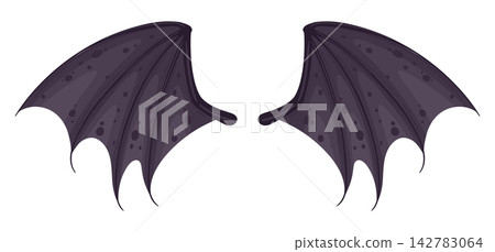 Bat wings pair. Dark flying monster wings with ribbed membranes flat vector illustration. Gothic Halloween element for spooky design Bat wings pair. Dark flying monster wings with ribbed membranes flat vector illustration. Gothic Halloween element for spooky design 142783064