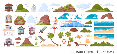 Beach vacation collection. Tropical cabins, palm tree, beach umbrella, waves, boat and seaside nature scenery flat vector illustration set. Summer travel graphics isolated on white Beach vacation collection. Tropical cabins, palm tree, beach umbrella, waves, boat and seaside nature scenery flat vector illustration set. Summer travel graphics isolated on white 142783065