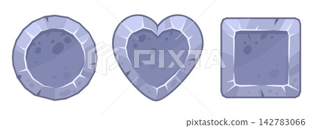Cartoon stone shape buttons. Round, heart and square stone buttons with faceted cracked surfaces flat vector illustration set. Fantasy game interface assets Cartoon stone shape buttons. Round, heart and square stone buttons with faceted cracked surfaces flat vector illustration set. Fantasy game interface assets 142783066