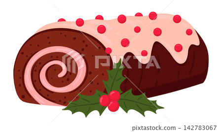 Christmas chocolate roll. Chocolate Swiss roll cake with pink icing, holly leaves and red berries flat vector illustration. Festive winter holiday dessert isolated on white Christmas chocolate roll. Chocolate Swiss roll cake with pink icing, holly leaves and red berries flat vector illustration. Festive winter holiday dessert isolated on white 142783067