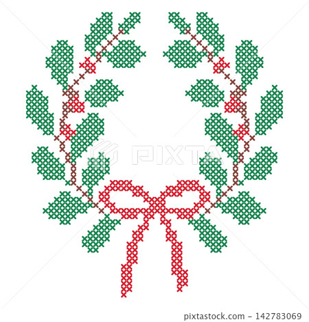 Christmas cross stitch wreath. Green leafy embroidery wreath with red bow cross stitch pattern flat vector illustration. Traditional winter holiday embroidery design Christmas cross stitch wreath. Green leafy embroidery wreath with red bow cross stitch pattern flat vector illustration. Traditional winter holiday embroidery design 142783069