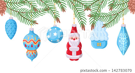 Christmas ornaments garland. Colorful ornaments hanging from pine branches flat vector background illustration. Festive winter holiday decoration Christmas ornaments garland. Colorful ornaments hanging from pine branches flat vector background illustration. Festive winter holiday decoration 142783070