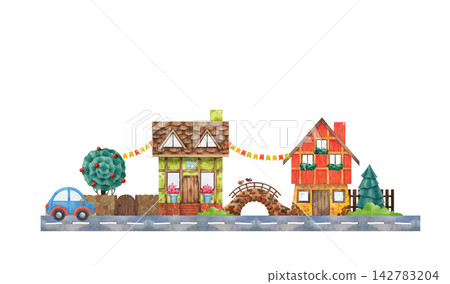 Houses, car, bridge, road, flags Watercolor illustration in a simply childish, cartoon style on white background Child drawing print for poster, dishes, toy, clothes, game, wall sticker Interior decor Houses, car, bridge, road, flags Watercolor illustration in a simply childish, cartoon style on white background Child drawing print for poster, dishes, toy, clothes, game, wall sticker Interior decor 142783204