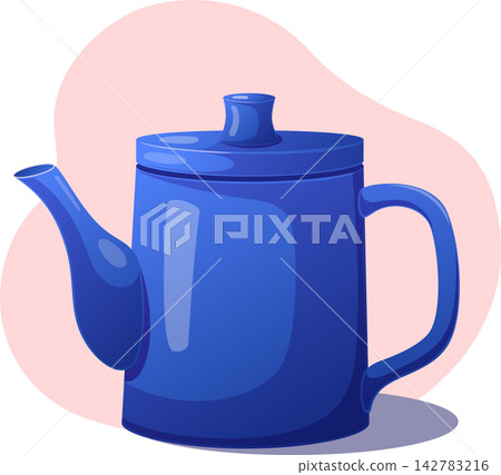 Glossy blue teapot with a long curved spout, fitted lid, and large Glossy blue teapot with a long curved spout, fitted lid, and large 142783216