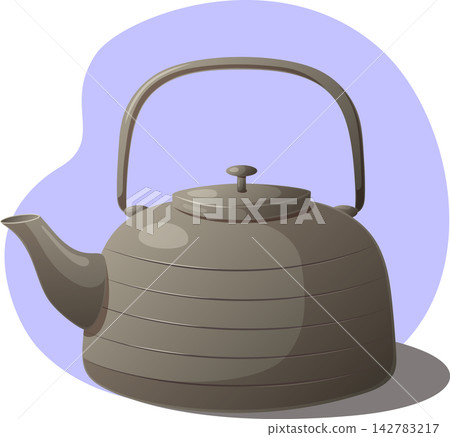Stylized gray-brown kettle with a curved spout, arched handle, Stylized gray-brown kettle with a curved spout, arched handle, 142783217
