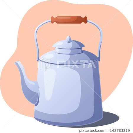 Stylized light blue kettle with a curved spout, lid, arched handle, Stylized light blue kettle with a curved spout, lid, arched handle, 142783219