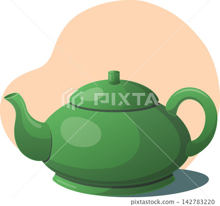 Glossy green teapot with curved spout, loop handle, and lid Glossy green teapot with curved spout, loop handle, and lid 142783220