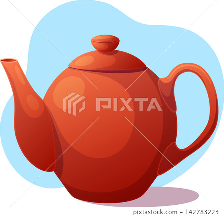 Stylized red-orange teapot with a lid, curved spout and large handle Stylized red-orange teapot with a lid, curved spout and large handle 142783223