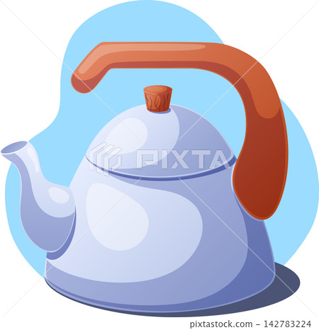 Blue Stovetop Kettle with Brown Handle Illustration Blue Stovetop Kettle with Brown Handle Illustration 142783224