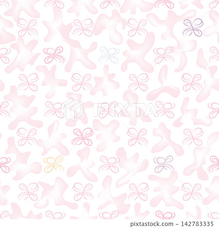 Stylish abstract loopy wavy line seamless pattern. Pink and white gentle blurred texture with bow and blur chaotic shapes for fabric design, wallpapers, textile. Stylish abstract loopy wavy line seamless pattern. Pink and white gentle blurred texture with bow and blur chaotic shapes for fabric design, wallpapers, textile. 142783335