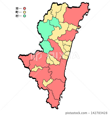 宮崎縣地圖:城市/城鎮彩色(筆觸風格)- 日式風格 宮崎縣地圖:城市/城鎮彩色(筆觸風格)- 日式風格 142783428