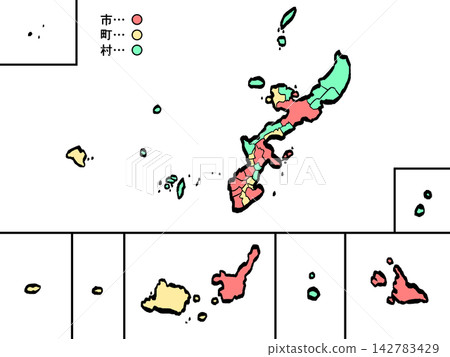 沖繩縣地圖:城市/城鎮彩色(筆觸風格)- 日式風格 沖繩縣地圖:城市/城鎮彩色(筆觸風格)- 日式風格 142783429