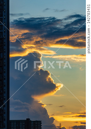 Dramatic sunset clouds illuminated by golden light over city buildings Dramatic sunset clouds illuminated by golden light over city buildings 142783431