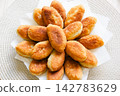 Freshly baked golden pirozhki pies placed on plate for bakery banner 142783629