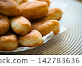 Golden fried pirozhki pies stacked on plate for bakery menu 142783636