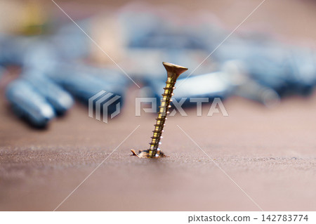 Golden metallic screw inserted crookedly into a wooden surface with blurred plastic wall plugs in the background. Construction mistake and home renovation failure concept Golden metallic screw inserted crookedly into a wooden surface with blurred plastic wall plugs in the background. Construction mistake and home renovation failure concept 142783774