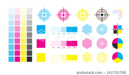 CMYK Color Print Test Chart Vector Set with Registration Marks Crosshair Targets Color Swatches and Calibration Bars 142783790