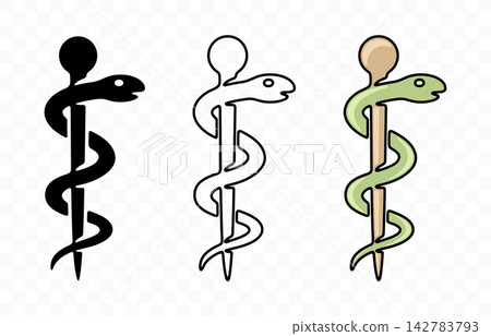 Stylized Rod of Asclepius vector icon. Modern minimalist medical caduceus symbol with a single snake twisted around a staff. Linear design emblem for healthcare, pharmacy, clinical medicine Stylized Rod of Asclepius vector icon. Modern minimalist medical caduceus symbol with a single snake twisted around a staff. Linear design emblem for healthcare, pharmacy, clinical medicine 142783793