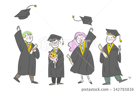 Graduation of Four Men and Women Dressed in Graduation Clothes Graduation of Four Men and Women Dressed in Graduation Clothes 142783816