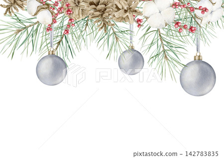 Pine branches, pinecones, cotton, red berries and silver baubles Christmas watercolor frame illustration. Hand drawn festive template with copy space for New Year cards, winter holidays and decor. Pine branches, pinecones, cotton, red berries and silver baubles Christmas watercolor frame illustration. Hand drawn festive template with copy space for New Year cards, winter holidays and decor. 142783835