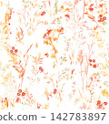 Autumn floral leaf pattern. Branch with leaves seamless fall texture. Autumnal garden grasses and berries. Nature textured flourish background 142783897