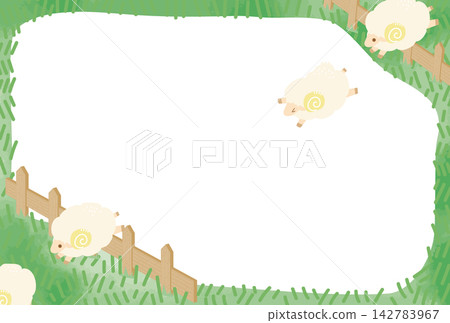Cute New Year's card frame illustration of sheep jumping over a fence (Year of the Sheep, pasture, meadow, copy space, postcard size) Cute New Year's card frame illustration of sheep jumping over a fence (Year of the Sheep, pasture, meadow, copy space, postcard size) 142783967