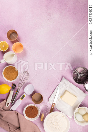 Baking ingredients and tools preparing sweet pastries Baking ingredients and tools preparing sweet pastries 142784013