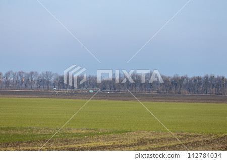 Center pivot irrigation system watering an agricultural field in springtime Center pivot irrigation system watering an agricultural field in springtime 142784034