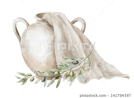 Amphora with cloth and olive branch watercolor illustration isolated on background. Mediterranean ceramic vessel composition with draped fabric and botanical foliage. Art for Italian or Greece design. Amphora with cloth and olive branch watercolor illustration isolated on background. Mediterranean ceramic vessel composition with draped fabric and botanical foliage. Art for Italian or Greece design. 142784397