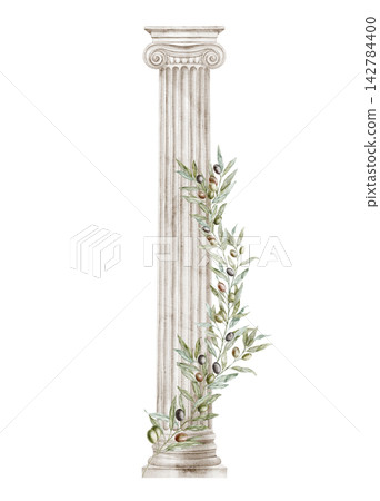 Ionic column with climbing olive branches watercolor illustration isolated on background. Classical Greek and Roman architecture with Mediterranean botanical foliage for wedding invitations or cards. Ionic column with climbing olive branches watercolor illustration isolated on background. Classical Greek and Roman architecture with Mediterranean botanical foliage for wedding invitations or cards. 142784400