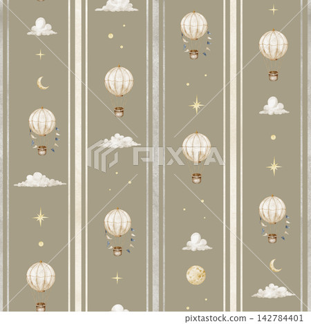 Striped balloon seamless watercolor pattern on beige background. Repeat design for fabric, nursery wallpaper and wrapping paper. Baby backdrop for bed linen or childish textile in pastel colors. 142784401