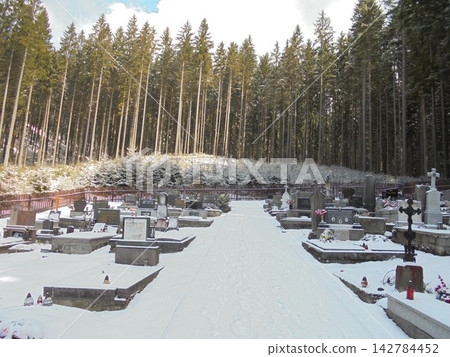 Cemetery in winter snow bordered by spruce forest Cemetery in winter snow bordered by spruce forest 142784452