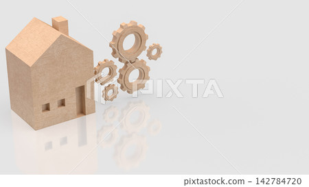 Wooden House with Gears Representing Home Maintenance Services 3d render. Wooden House with Gears Representing Home Maintenance Services 3d render. 142784720