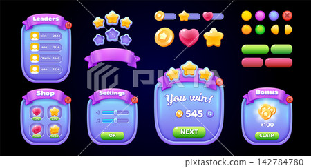 Mobile Game UI Kit Vector Set with Leaderboard Shop Settings Win and Bonus Popup Windows Stars Coins Hearts and Buttons 142784780
