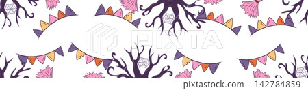 Seamless vector border with Halloween branches, spiderwebs and bunting Seamless vector border with Halloween branches, spiderwebs and bunting 142784859