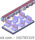 An isometric illustration with outlines, depicting train seat reservations and seat assignments. 142785329
