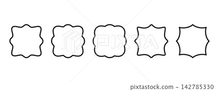 Set of wavy square shapes. Geometric forms with curvy borders. Blank scalloped boxes, labels, tags, quality or certified marks isolated on white background. Vector graphic illustration Set of wavy square shapes. Geometric forms with curvy borders. Blank scalloped boxes, labels, tags, quality or certified marks isolated on white background. Vector graphic illustration 142785330
