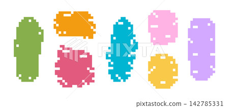 Set of colorful geometric shapes with pixel texture isolated on white background. Simple pixelated design elements for 8 bit arcade computer game. Vector flat illustration Set of colorful geometric shapes with pixel texture isolated on white background. Simple pixelated design elements for 8 bit arcade computer game. Vector flat illustration 142785331