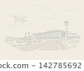 An illustration of an airport terminal building and control tower from which an airplane is taking off. 142785692