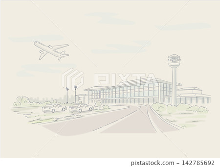 機場航站樓和控制塔的示意圖,一架飛機正從那裡起飛。 機場航站樓和控制塔的示意圖,一架飛機正從那裡起飛。 142785692
