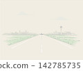 A hand-drawn style illustration of an airport runway stretching straight into the sky and an airplane. 142785735