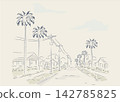 Hand-drawn style art of the South area of Los Angeles and rows of single-story houses 142785825