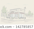 An illustration of a stylish cafe and streetscape found on a street corner in a foreign country. 142785857