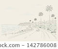 An illustration of a beautiful coastline lined with palm trees and a scenic drive along the sea. 142786008