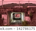 A car driving through the mountains at dusk and an underpass. 142786175