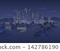 An illustration of a nighttime cityscape of skyscrapers and a freeway in downtown LA. 142786190