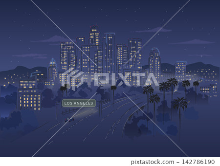 一幅描繪洛杉磯市中心夜景的插圖，畫面中可以看到摩天大樓和高速公路。 142786190