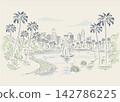 An illustration of a beautiful park with a fountain and skyscrapers, inspired by Echo Park in Los Angeles. 142786225